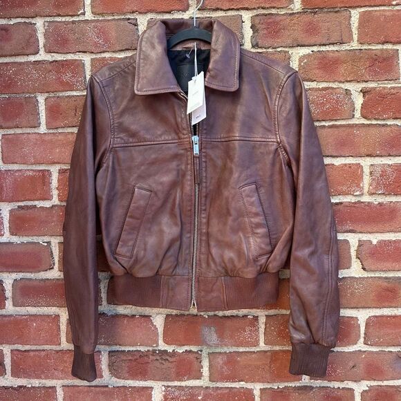 Mango MNG $240 Brown 100% Leather Jacket bomber coat women's medium NWT - Picture 5 of 13